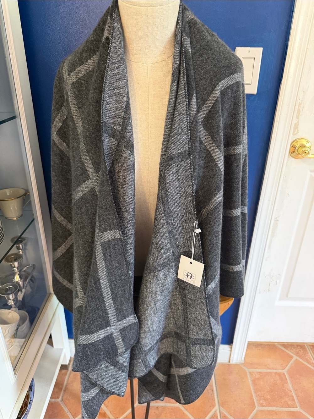 NWT RRC Redefined Gray Windowpane Open Front Wrap Polyester Cardigan/Shawl